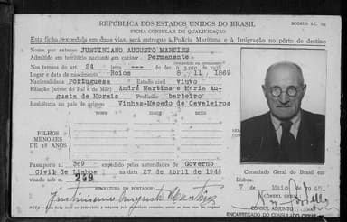 Passaporte de Justiniano Augusto Martins